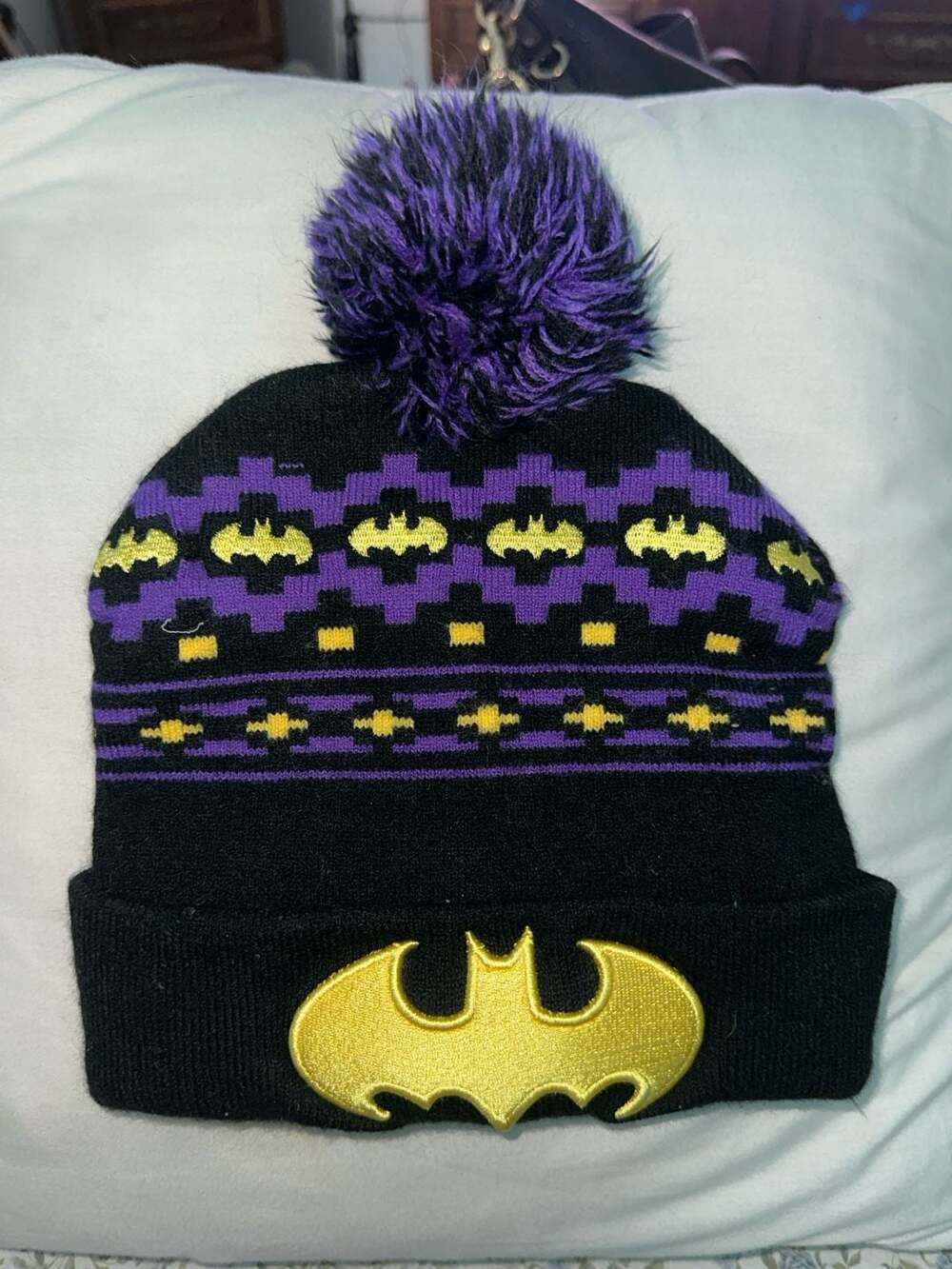 DC Comics Batman Winter Knit Pom Beanie Hat Black Purple Yellow OSFM